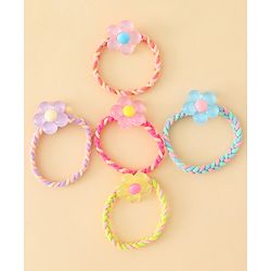 Pine Kids Hair Rubber Bands with Floral Applique Pack Of 5 - Yellow Pink & Blue