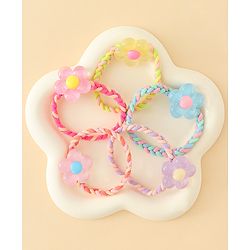 Pine Kids Hair Rubber Bands with Floral Applique Pack Of 5 - Yellow Pink & Blue