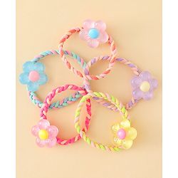 Pine Kids Hair Rubber Bands with Floral Applique Pack Of 5 - Yellow Pink & Blue