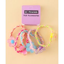 Pine Kids Hair Rubber Bands with Floral Applique Pack Of 5 - Yellow Pink & Blue