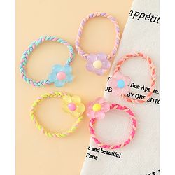 Pine Kids Hair Rubber Bands with Floral Applique Pack Of 5 - Yellow Pink & Blue