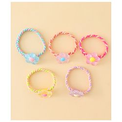 Pine Kids Hair Rubber Bands with Floral Applique Pack Of 5 - Yellow Pink & Blue