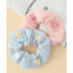 Pine Kids Rubber Bands & Scrunchies Sets  With Floral Applique Pack of 2 - Blue & Pink
