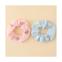 Pine Kids Rubber Bands & Scrunchies Sets  With Floral Applique Pack of 2 - Blue & Pink