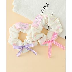 Pine Kids Rubber Bands & Scrunchies Sets With Floral Print & Bow Applique - Pink & Purple
