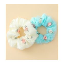 Pine Kids Scrunchie Sets With Floral Applique - Blue & White