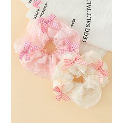 Pine Kids Rubber Bands & Scrunchies Sets With Bow Applique - White & Pink