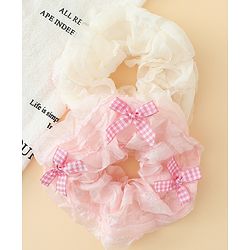 Pine Kids Rubber Bands & Scrunchies Sets With Bow Applique - White & Pink
