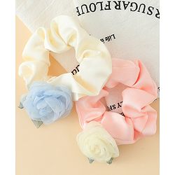 Pine Kids Rubber Bands & Scrunchies Sets With Floral Applique - Pink and Cream