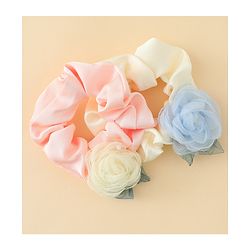 Pine Kids Rubber Bands & Scrunchies Sets With Floral Applique - Pink and Cream
