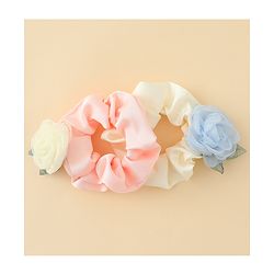 Pine Kids Rubber Bands & Scrunchies Sets With Floral Applique - Pink and Cream