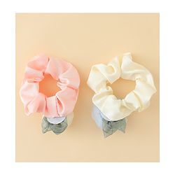 Pine Kids Rubber Bands & Scrunchies Sets With Floral Applique - Pink and Cream