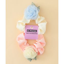 Pine Kids Rubber Bands & Scrunchies Sets With Floral Applique - Pink and Cream