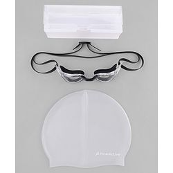 Pine Kids Swimming Goggles and Cap Set with Adjustable Fit- Black & White