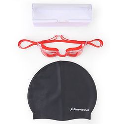 Pine Kids Swimming Goggles and Cap Set with Adjustable Fit- Black & White