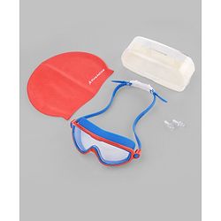 Pine Active Swimming Goggles and Cap Set with Adjustable Fit- Red & Blue