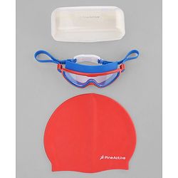 Pine Active Swimming Goggles and Cap Set with Adjustable Fit- Red & Blue