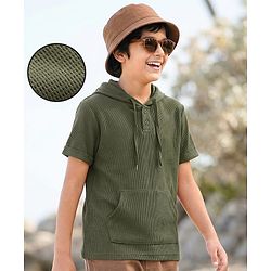 Pine Kids Cotton Knit Half Sleeves Hooded Solid Coloured T-Shirt With Kangaroo Pockets - Olive Green