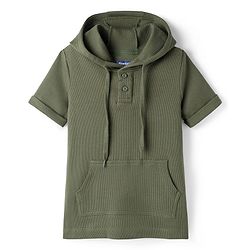 Pine Kids Cotton Knit Half Sleeves Hooded Solid Coloured T-Shirt With Kangaroo Pockets - Olive Green
