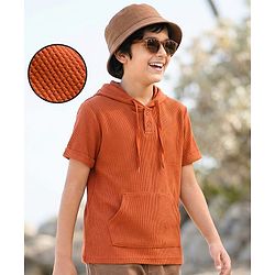 Pine Kids Cotton Knit Half Sleeves Hooded Solid Coloured T-Shirt With Kangaroo Pockets - Olive Green