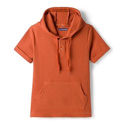 Pine Kids Cotton Knit Half Sleeves Hooded Solid Coloured T-Shirt With Kangaroo Pockets - Olive Green