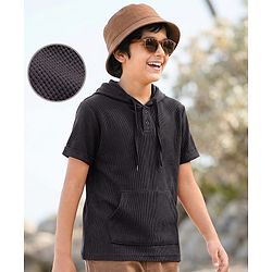 Pine Kids Cotton Knit Half Sleeves Hooded Solid Coloured T-Shirt With Kangaroo Pockets - Olive Green