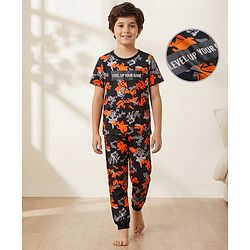 Pine Kids Single Jersey Knit Half Sleeves Co-ords Night Suit With Text Print - Black