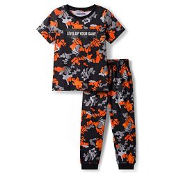 Pine Kids Single Jersey Knit Half Sleeves Co-ords Night Suit With Text Print - Black