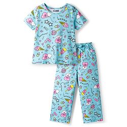 Pine Kids Single Jersey Knit Half Sleeves Co-ords Night Suit With Heart Print - Light Blue