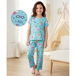 Pine Kids Single Jersey Knit Half Sleeves Co-ords Night Suit With Heart Print - Light Blue