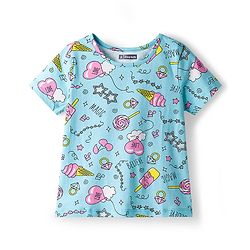 Pine Kids Single Jersey Knit Half Sleeves Co-ords Night Suit With Heart Print - Light Blue