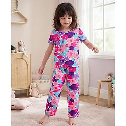 Pine Kids Single Jersey Knit Half Sleeves Night Suit With Floral Print - Pink & White