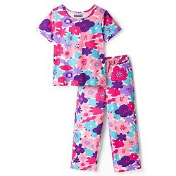 Pine Kids Single Jersey Knit Half Sleeves Night Suit With Floral Print - Pink & White