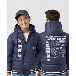 Pine Kids Woven Full Sleeves Hooded Jacket With Faster Than Light Text Print - Navy Blue