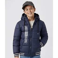 Pine Kids Woven Full Sleeves Hooded Jacket With Faster Than Light Text Print - Navy Blue