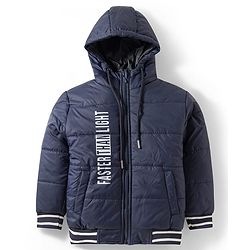Pine Kids Woven Full Sleeves Hooded Jacket With Faster Than Light Text Print - Navy Blue
