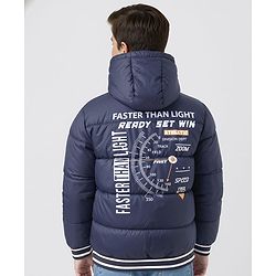 Pine Kids Woven Full Sleeves Hooded Jacket With Faster Than Light Text Print - Navy Blue