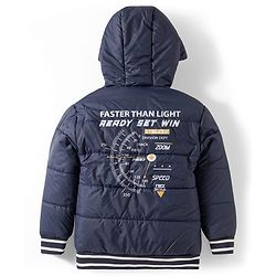 Pine Kids Woven Full Sleeves Hooded Jacket With Faster Than Light Text Print - Navy Blue