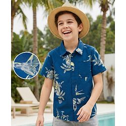 Pine Kids Viscose Woven Half Sleeves Shirt With Floral Print - Navy Blue