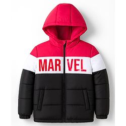Pine Kids Marvel Woven Full Sleeves Hooded Winter Jacket With Avengers Graphic - Red & Black