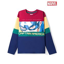 Pine Kids Marvel Single Jersey Knit Full Sleeves T-Shirt with Captain America Graphic - Navy Blue Red & Yellow