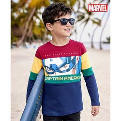 Pine Kids Marvel Single Jersey Knit Full Sleeves T-Shirt with Captain America Graphic - Navy Blue Red & Yellow