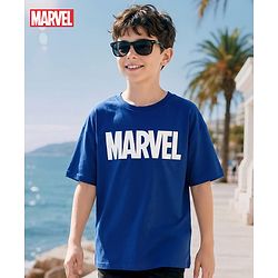 Pine Kids Marvel Terry Knit Oversized Drop Shoulder Half Sleeves T-Shirt with Avengers Graphic - Blue