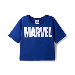 Pine Kids Marvel Terry Knit Oversized Drop Shoulder Half Sleeves T-Shirt with Avengers Graphic - Blue