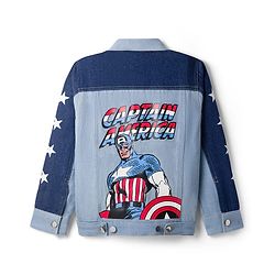 Pine Kids Marvel 100% Cotton Woven Full Sleeves Cut N Sew Denim Jacket With Front & Back Captain America Graphics - Light Blue