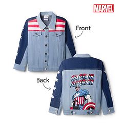 Pine Kids Marvel 100% Cotton Woven Full Sleeves Cut N Sew Denim Jacket With Front & Back Captain America Graphics - Light Blue