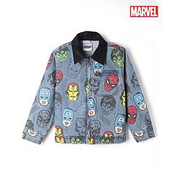 Pine Kids Marvel Woven Denim Jacket with Full Sleeves and Avengers Print - Navy Blue