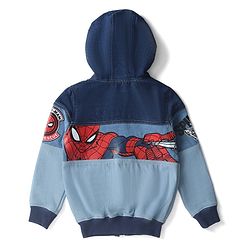Pine Kids Denim Knit Full Sleeves Cut & Sew Hooded Jacket with Spider Man Graphics & Kangaroo Pockets -Blue