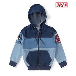 Pine Kids Denim Knit Full Sleeves Cut & Sew Hooded Jacket with Spider Man Graphics & Kangaroo Pockets -Blue