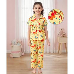 Pine Kids Single Jersey Knit Half Sleeves Co-ords Night Suit With Butterfly Print - Yellow
